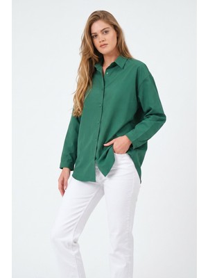Norshen Yeşil Oversize Uzun Basic Gömlek