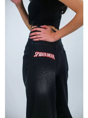 Spider Nakışlı Baggy Jean – Siyah