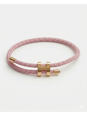 Celikchi Unisex H Model Gold Renk Çelik Detay Pembe Ip Bileklik
