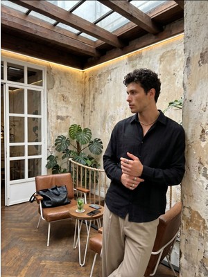 Livio Ferri Piana %100 Cotton Kendinden Desenli Oversize Erkek Gömlek Yazlık Rahat Kesim Gömlek