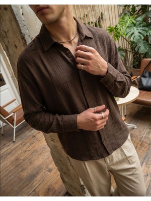 Livio Ferri Piana %100 Cotton Kendinden Desenli Oversize Erkek Gömlek Yazlık Rahat Kesim Gömlek