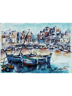 Muguetarts %100 El Yapımı Suluboya ve Mürekkep Iskele Manzara Resim 40X30 cm