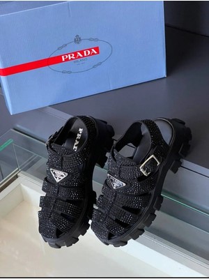 Evlium Prada Model Taşlı Kadın Monolith Kafes Sandalet - Kalın Tırtıklı Tabanlı Yazlık Ayakkabı