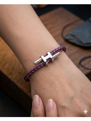 Celikchi Unisex H Model Silver Renk Çelik Detay Mor ve Pembe Ip Bileklik