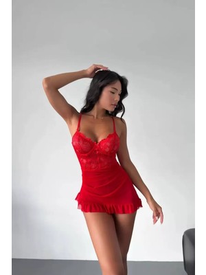 Paradise Kırmızı Balenli Tül Dantelli Gecelik TM1407