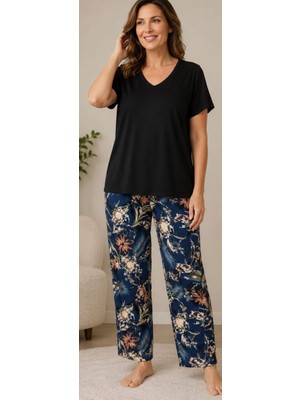 24867-NENA Kısa Kollu V Yaka % 100 Pamuk Viskon Lina Pijama Takımı