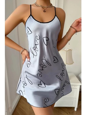 Paradise Love Baskılı Gri Saten Gecelik