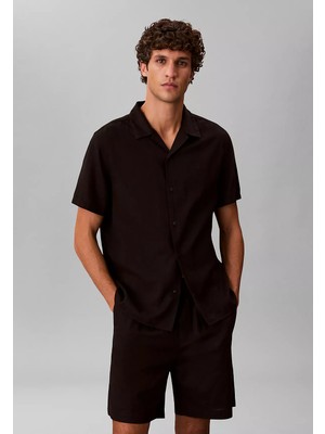 Calvin Klein Erkek Normal Kesim Ck Logo Işlemeli Kısa Kollu Keten Siyah Gömlek LV04LF137G-UB1
