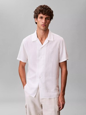 Calvin Klein Erkek Normal Kesim Ck Logo Işlemeli Kısa Kollu Keten Beyaz Gömlek LV04LF137G-YAA