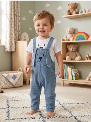 GENYBABY Erkek Bebek Jean Salopet Takım Ayıcık Desenli Beyaz Tişörtlü Bebek Kombini