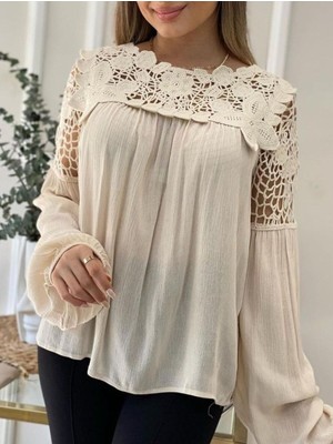 Moda Morfo Üstü Dantel Detaylı Kolu Lastikli Keten Bluz -Bej