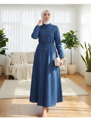 Moda Morfo Inci Detaylı Tünel Bağcıklı Uzun  Kot Elbise -Indigo
