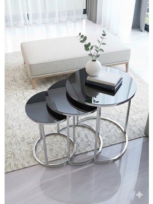 Eryalux Home 3'lü Gümüş Metal Düz Camlı Modern Sehpa