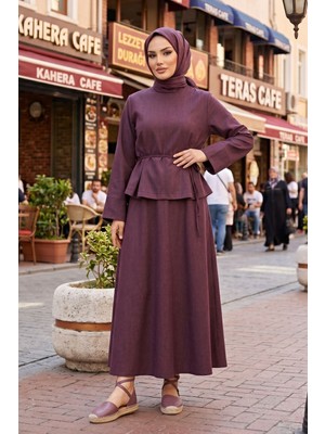 Modestim Kadın Bordo Tesettür Takım Kuşaklı Ikili Takım Uzun Etekli Şık Kombin Günlük Özel Gün Ikili Takımı