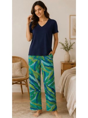24865-NENA Kısa Kollu V Yaka %100 Pamuk Viskon Mimosa Pijama Takımı