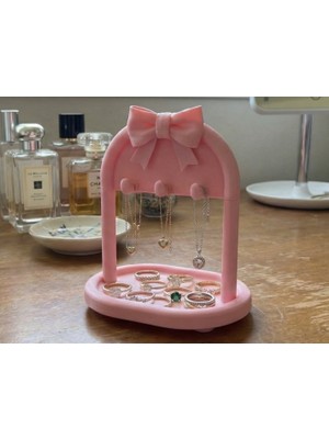 3D Baskı Zamanı Fiyonk Tasarımlı Dekoratif Takı Standı - Pembe Masaüstü Kolye Askısı ve Yüzük Düzenleyici Tablalı