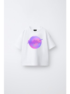 Fasardi Manifest Girls M6NIFEST Logo Baskılı Oversize %100 Pamuk Kısa Kollu Unisex Çocuk Tişört