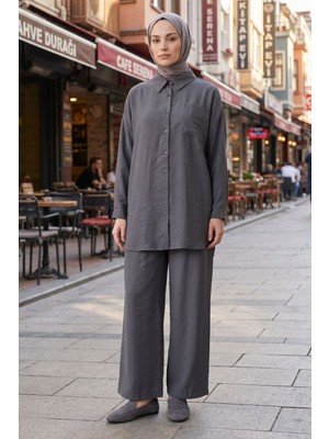 Modestim Kadın Antrasit Ikili Tesettür Takım Oversize Gömlek Pantolon Rahat Kalıp Yazlık Şık Günlük Tesettür Kombin