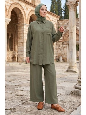 Modestim Kadın Haki Ikili Tesettür Takım Oversize Gömlek Pantolon Rahat Kalıp Yazlık Şık Günlük Tesettür Kombin