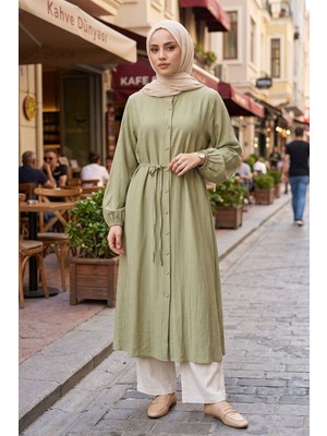 Modestim Kadın Tesettür Uzun Tunik Hakim Yaka Boydan Düğmeli Belden Bağlamalı Rahat Kalıp Günlük Şık 120 cm Uzun Tesettür Tunik