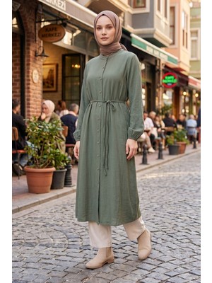 Modestim Kadın Tesettür Uzun Tunik Hakim Yaka Boydan Düğmeli Belden Bağlamalı Rahat Kalıp Günlük Şık 120 cm Uzun Tesettür Tunik