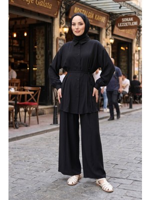 Modestim Kadın Siyah Tesettür Ikili Takım  Kuşaklı Salaş Tunik Pantolon Takım Oversize Yazlık Tesettür Kombin