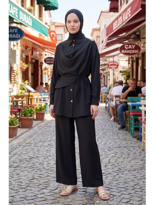 Modestim Kadın Siyah Tesettür Ikili Takım Omuz Detaylı Kuşaklı Oversize Rahat Kesim Günlük  Klasik Kombin