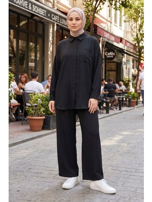 Modestim Kadın Siyah Ikili Tesettür Takım Oversize Gömlek Pantolon Rahat Kalıp Yazlık Şık Günlük Tesettür Kombin