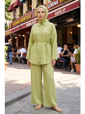 Modestim Kadın Yağ Yeşili Tesettür Ikili Takım Gömlek Pantolon Takım Yazlık Rahat Kesim Oversize Günlük Kombin