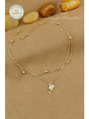 Keyifli Hayaller 316L Çelik Halhal - 14K Taşlı Yunus Dorika Birleşik Zincir Çelik Halhal 22+4cm