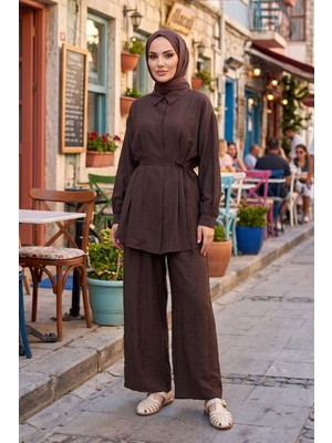 Modestim Kadın Kahve Tesettür Ikili Takım  Kuşaklı Salaş Tunik Pantolon Takım Oversize Yazlık Tesettür Kombin
