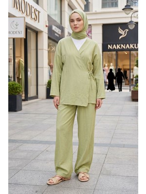 Modestim Kadın Yağ Yeşili Yandan Bağlamalı Çilek Kumaş Kimono Tunik Pantolon Takım Kombin