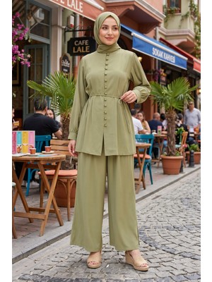 Modestim Kadın Haki Önden Birit Düğmeli Kuşaklı Tesettür Ikili Takım Tesettür Tunik Pantolon Kombin Takım