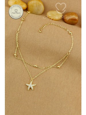 Keyifli Hayaller 316L Çelik Halhal - 14K Taşlı Deniz Yıldızı Dorika Birleşik Zincir Çelik Halhal 22+4cm
