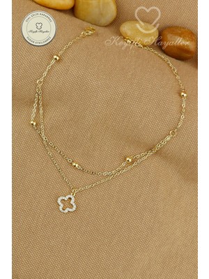 Keyifli Hayaller 316L Çelik Halhal - 14K Taşlı Açık Yonca Dorika Birleşik Zincir Çelik Halhal 22+4cm