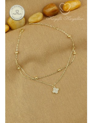 Keyifli Hayaller 316L Çelik Halhal - 14K Taşlı Yonca Dorika Birleşik Zincir Çelik Halhal 22+4cm