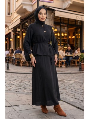 Modestim Kadın Siyah Tesettür Takım Volan Kol Detaylı Kuşaklı Etekli Takım Şık  Günlük Kombin