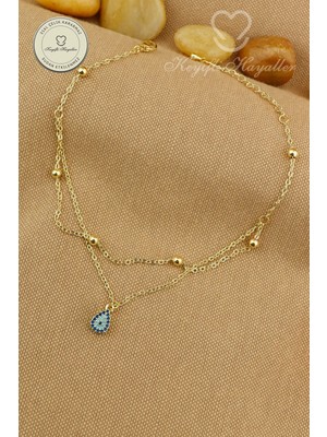 Keyifli Hayaller 316L Çelik Halhal - 14K Renkli Taşlı Damla Dorika Birleşik Zincir Çelik Halhal 22+4cm