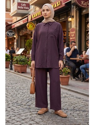 Modestim Kadın Bordo Ikili Tesettür Takım Oversize Gömlek Pantolon Rahat Kalıp Yazlık Şık Günlük Tesettür Kombin