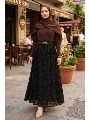 Modestim Kadın Siyah Çicek Desenli Flok Baskı Tül Tesettür Etek
