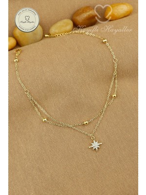 Keyifli Hayaller 316L Çelik Halhal - 14K Taşlı Kuzey Yıldızı Dorika Birleşik Zincir Çelik Halhal 22+4cm