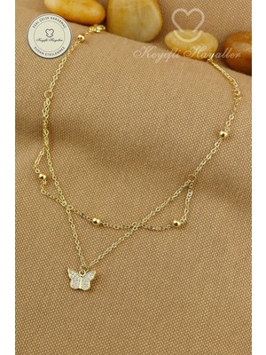 Keyifli Hayaller 316L Çelik Halhal - 14K Taşlı Kelebek Dorika Birleşik Zincir Çelik Halhal 22+4cm