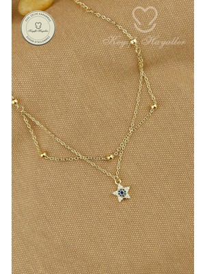 Keyifli Hayaller 316L Çelik Halhal - 14K Renkli Taşlı Yıldız Dorika Birleşik Zincir Çelik Halhal 21+4cm