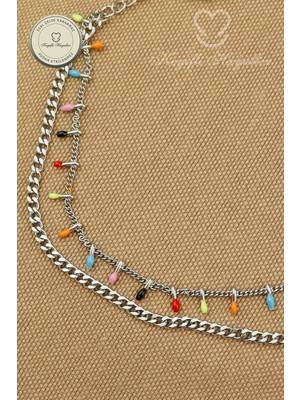 Keyifli Hayaller 316L Çelik Halhal - 2li Kombin Renkli Çubuklu Zincir 316L Çelik Halhal 20+5cm