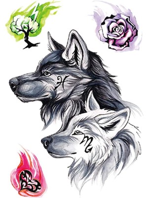 Hediye Vakti Geçici Dövme Seti - Siyah ve Beyaz Kurt Figürlü, Gül ve Kalp Desenli Su Geçirmez Tattoo