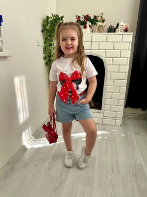 HaanBebe Büyük Fiyonk Detaylı Kız Çocuk Şortlu Takım - Kırmızı Çantalı Kombin