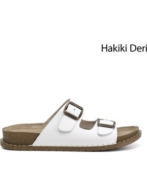 Gönderi(r) Kadın 001-Beyaz  Çift Tokalı Hakiki Deri Terlik
