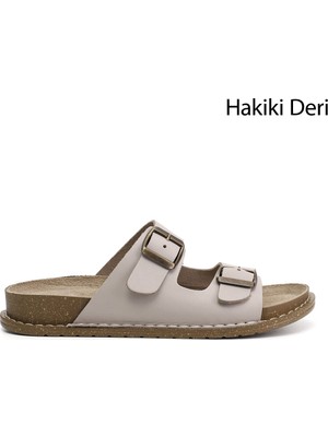 Gönderi(r) Kadın Bej  Çift Tokalı Hakiki Deri Terlik