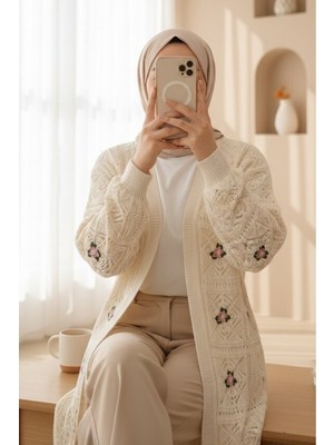Moda Morfo Ajurlu Nakışlı Hırka   -Krem
