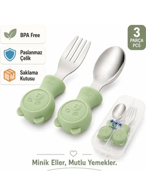 Jojobebek Yeşil Renk Ayıcık Figürlü Premium Çocuk BPA Free Silikon Sap Paslanmaz Çelik Uçlu Çatal-Kaşık Set ve Saklama Kutusu 9+ Ay